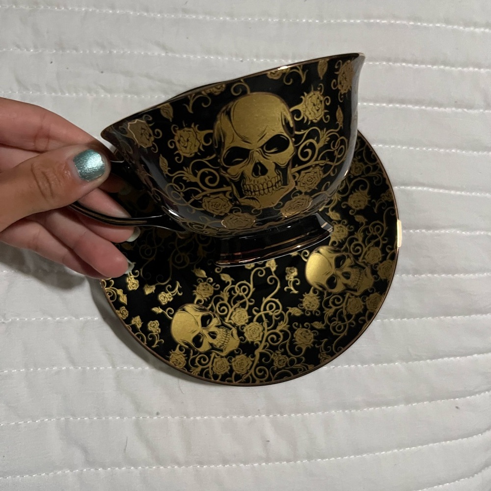 Black and Gold Skull Teacup and Saucer